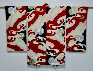 Japanese Kimono Silk Long Haori / Rare Pattern / Wave / Vintage Silk /230
