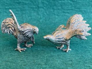 Pair Collectible Marked Sterling Silver 925 Fighting Roosters Figurines.