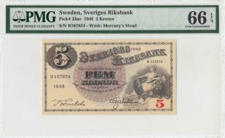 1948 Bank Of Sweden 5 Kronor Rare ( (pmg 66 Epq))