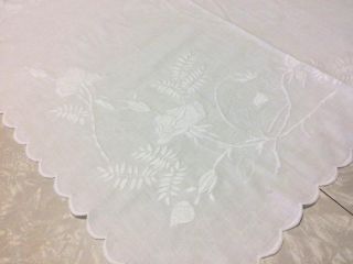 Antique Linen Tablecloth Arts And Crafts Embroidered Florals White Roses 31x35