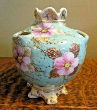 Antique Porcelain Handpainted Flowers & Embossed Gold Toothbrush Holder Or Vase