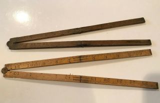 2 Old Vintage Antique Wood Brass Stanley Folding 24” Ruler; No.  27,  No.  61