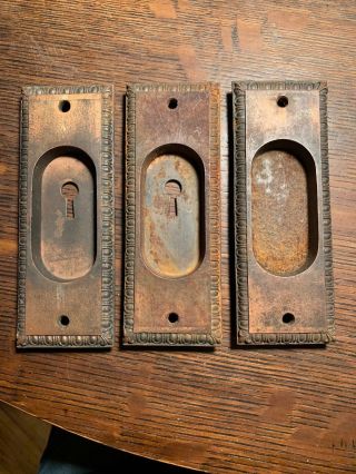 Antique Cast Iron Neo Classical Pocket Door Plates Egg,  Dart Japanned Copper