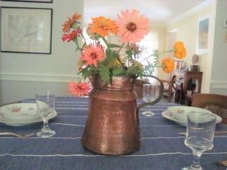 Antique Hand - Hammered Copper Farmhouse Pitcher W/ Handle - Use As Festive Vase