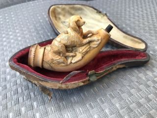 Antique Meerschaum Pipe With Case - Intricately Carved Dog