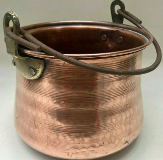 Antique French Hammered Copper Pot / Jarniere With Brass Brackets & Iron Handle