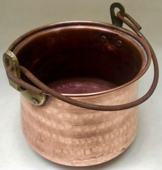 ANTIQUE FRENCH HAMMERED COPPER POT / JARNIERE WITH BRASS BRACKETS & IRON HANDLE 2