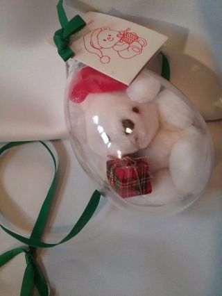 Vintage Russ Berrie White Miniture Teddy Town Bear In Plastic Egg 4924 Ornament
