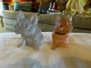 Antique Frosted Glass " French Bulldog " Figurines - One Pink,  One Blue - Gray