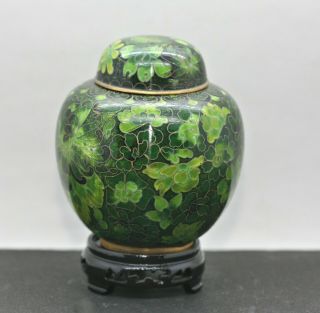 Emerald Green Chinese Cloisonne Brass Enamel Lidded Jar W/ Stand