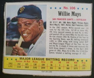1963 Willie Mays Post Cereal 106 San Francisco Giants Uncut Rare