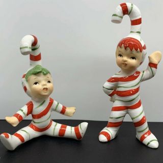 Rare Vintage Set Of 2 Elf Pixie Lefton Candy Cane Elves Christmas Collectibles