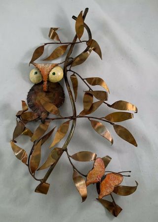 Mid Century Modern Owls Wall Art Copper Sculpture Adjustable Leaves Signed Lee