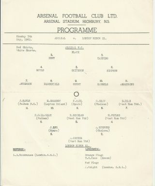 Football Programme Ultra - Rare Arsenal V London Minor X1 One - Sheet 1962
