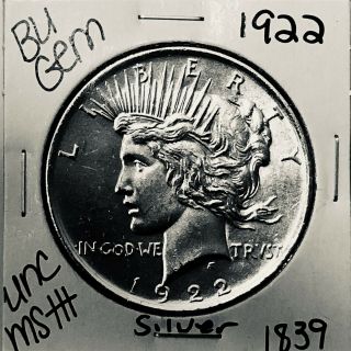 1922 P Bu Gem Peace Silver Dollar Unc Ms,  U.  S.  Rare Coin 1839