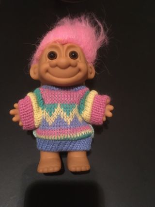 Russ Sweater Troll Doll 4 1/2 ",  Light Pink Hair Hair Vintage