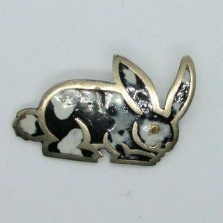 Bunny Rabbit Brooch Pin Sterling Silver Inlay Rare Signed Mexico