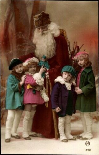 Long Robe Santa Claus With Children Antique French Photo Christmas Postcard - K962