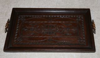 VINTAGE DARK STAINED SERVING TRAY - CARVED AND WITH HANDLES - 51CM X 30CM 2