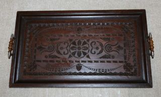 VINTAGE DARK STAINED SERVING TRAY - CARVED AND WITH HANDLES - 51CM X 30CM 3