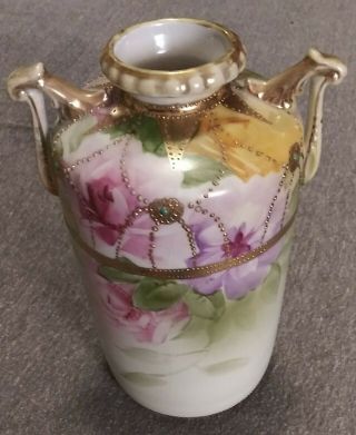 Antique Nippon White Porcelain " Rose " Vase Gold Trim 8 " Tall W/ Jewels 