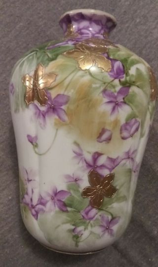Antique Nippon White Porcelain " Violet " Vase Gold Violets & Trim 7 " Tall Japan