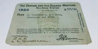 Antique Railroad Pass 1924 The Denver And Rio Grande Western Railroad Co.  Rr