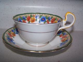 Aynsley Flowered English Bone China Cup And Saucer - Flowers Inside - Gold Line
