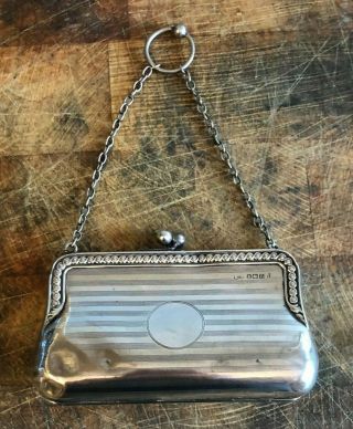 Antique Sterling Silver Purse Evening Bag With Leather Interior.  Birmingham 1912