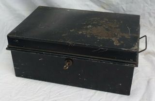 Large Double Handled Black Metal Travel Deed Box With Key Storage Display 2412