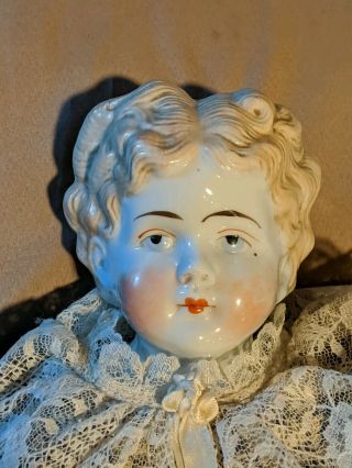 1800s Antique China Molded Head Doll Germany Blonde Leather Body