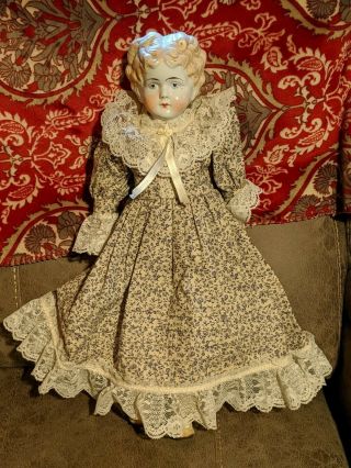 1800s Antique China Molded Head Doll Germany Blonde Leather Body 2