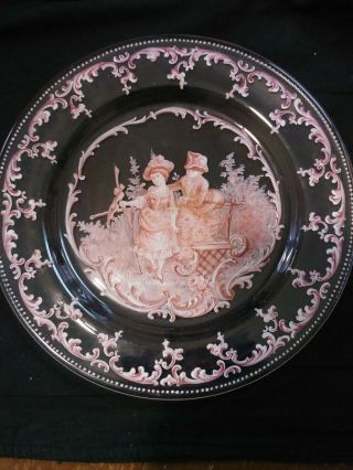 Hand Painted Clear Glass Plate 9 " Man And Woman Pink Rare