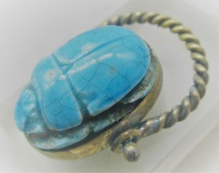Glazed Ancient Egyptian Faience Scarab Bead Seal Set In A Gold Gilt Swivel Ring