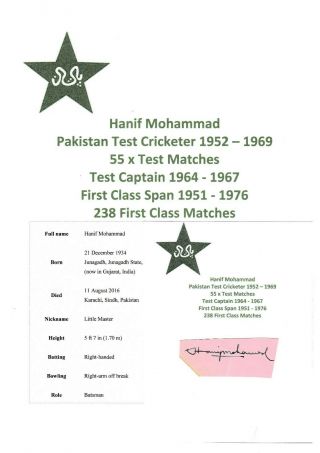 Hanif Mohammad Pakistan Test Cricketer 1952 - 1969 Rare Autograph