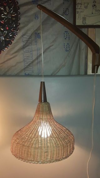 Mid Century Hanging Lamp Danish Modern Teak Wood Woven Basket Bell Style