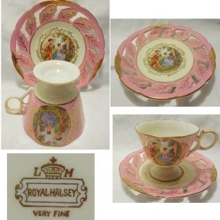 Lm Royal Halsey Very Fine Pink Footed Cup & Reticulated Saucer Maiden Nude Angel