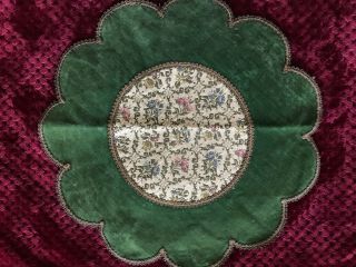 Antique French Silk Damask And Green Velvet Apron - Diameter 16 1/2 "