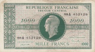 1000 Francs Fine Banknote From France /tresor Central 1944 Pick - 107 Rare