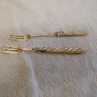 2 X Victorian Solid Silver And Mother Of Pearl Pickle Forks - 1864 & 1901