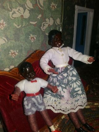 Vintage 1950s Dollhouse Miniature African American Black Mother & Son 2 Pc Set