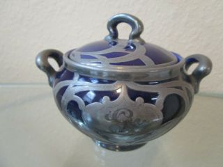 Rare Antique Lenox Porcelain Sterling Silver Overlay Cobalt Blue Sugar Bowl