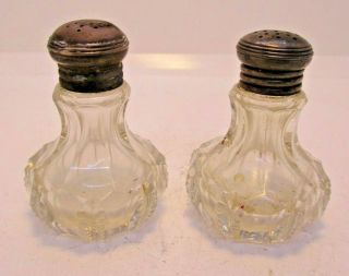 Sterling Silver Top Glass Salt And Pepper Shakers Vintage