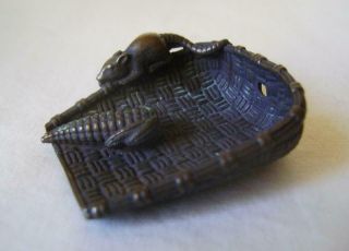Cast Bronze Miniature Sculpture Of Rat On A Wicker Grain Scoop With Sweetcorn
