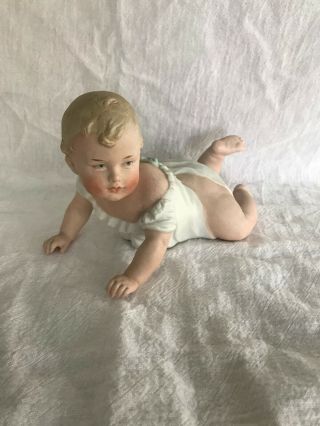 Antique Gebruder Heubach Bisque Porcelain Piano Baby Boy Crawling 7” Germany