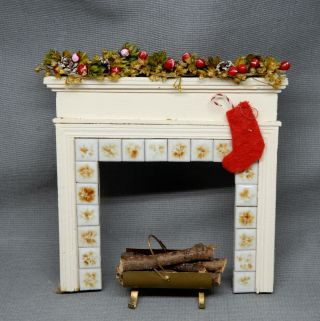 Vintage Fireplace Mantle W Logs & Christmas Decorations Dollhouse Miniature 1:12
