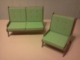 Vintage Barbie Dollhouse Furniture Sofa & Chair Brown With Green Unmarked