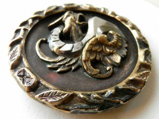 Large Antique Victorian Button Brass Dragon Steel Wing Shape Leaf Border 1 - 7/8” 3