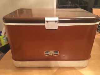 Vtg Rare Brown Tan Metal Thermos Ice Chest Cooler Camping Picnic Sun Packer