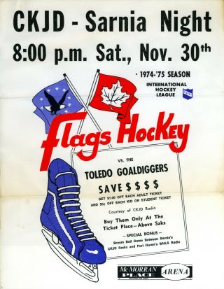 Rare 1973 - 74 Port Huron Flags Vs.  Toledo Goaldiggers Orig.  Color Ihl Game Poster